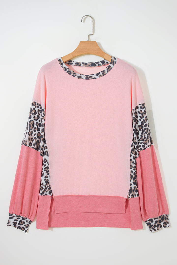 Light Pink Color Block Leopard Patchwork Dolman Sleeve High Low Baggy Sweatshirt