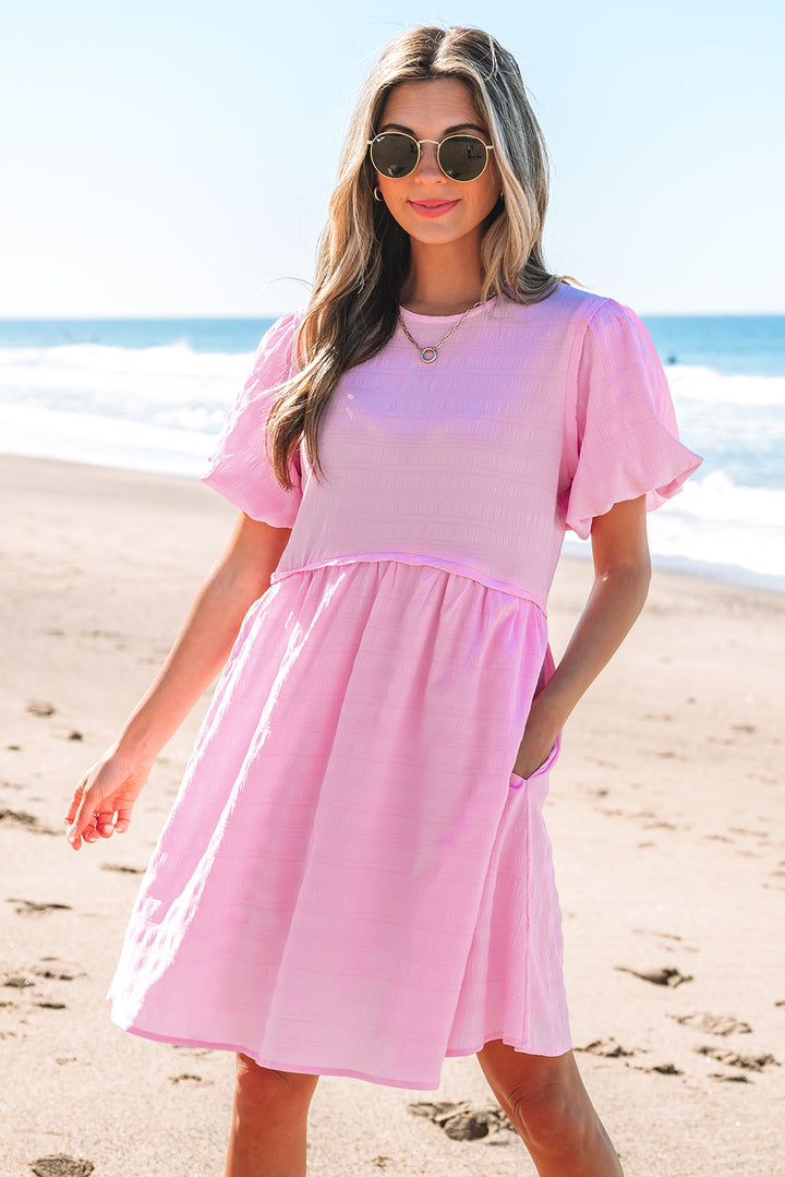 Bonbon Textured Bubble Sleeve High Waist Mini Dress