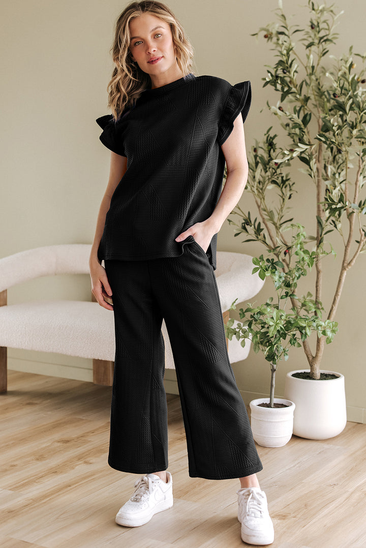 Black Ruffled Sleeve Summer Top and Cropped Loose Pants Set