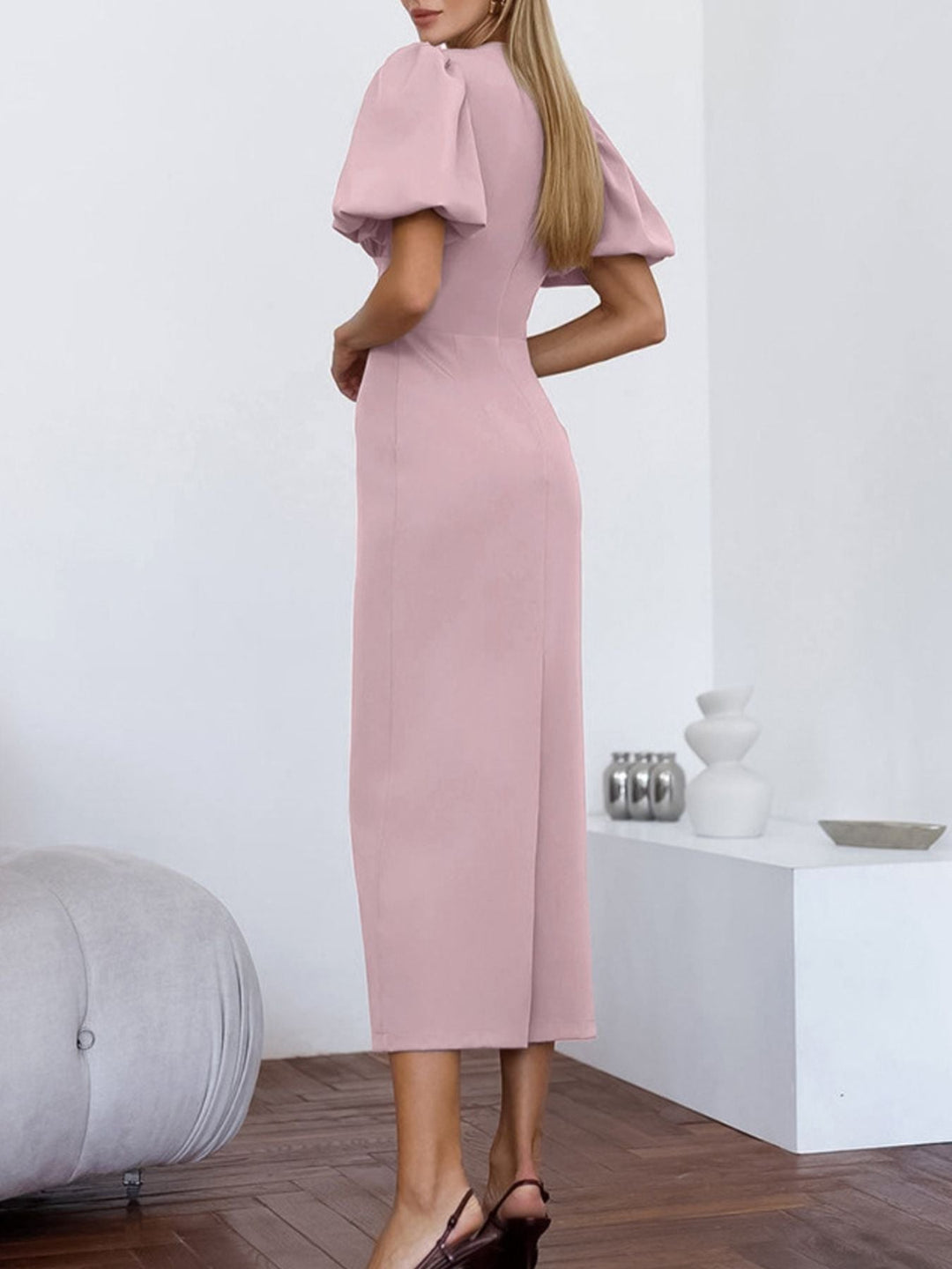 Cutout Front Puff Sleeve Dress