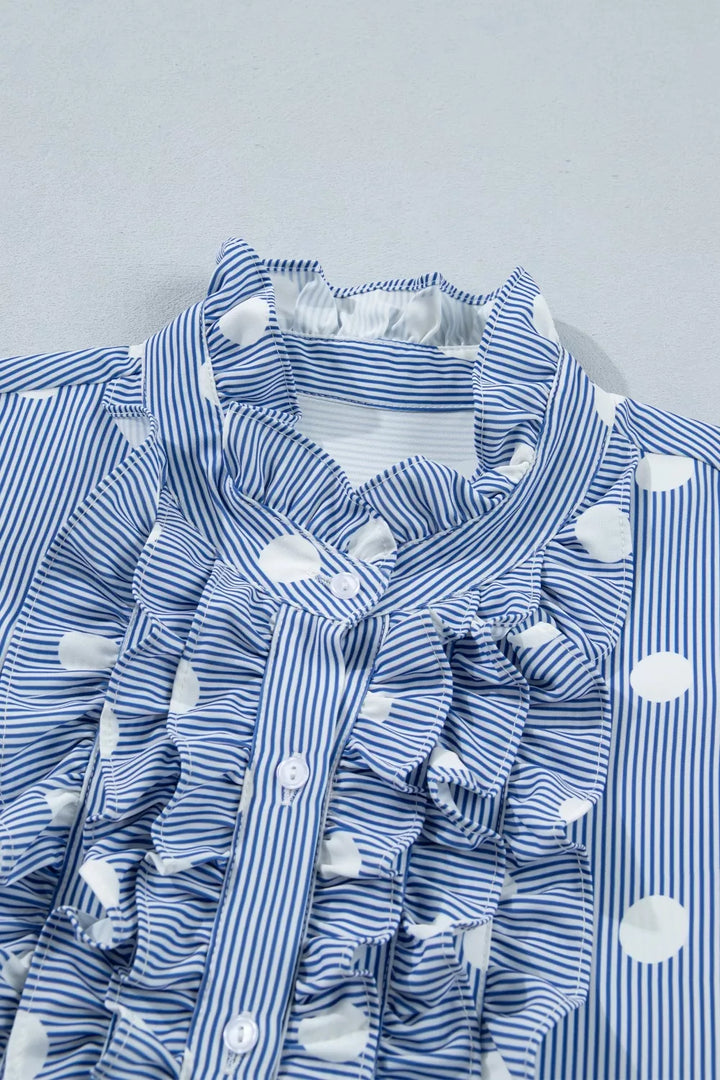 Stripe Contrast Polka Dot Print Pleated Ruffle Sleeve Shirt
