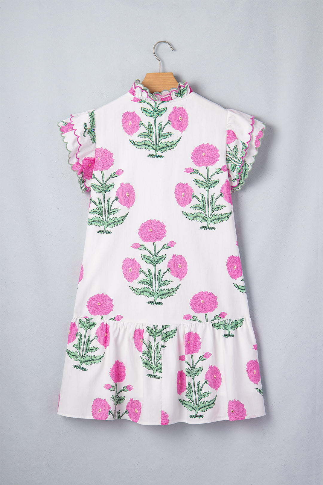 White Wild Floral Print Scalloped Embroidery Trim V Neck Drop Waist Mini Dress