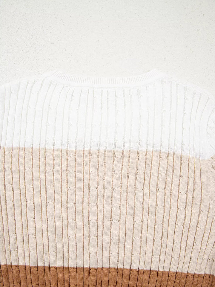 Colorblock Cable Knit Round Neck Sweater