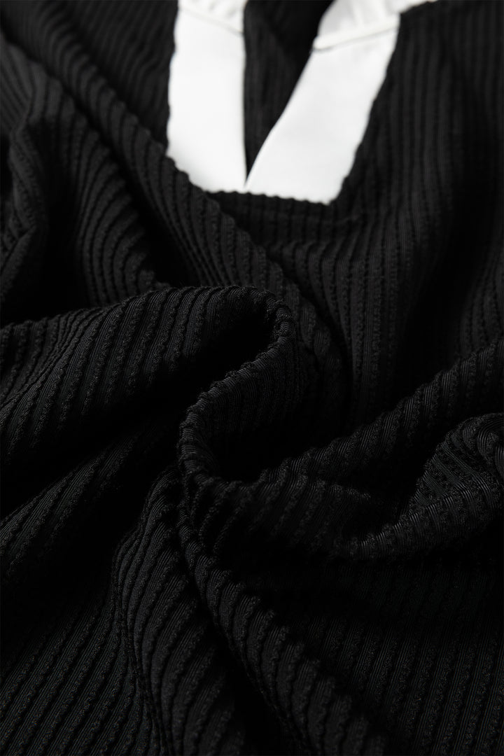 Black Plus Size Contrast Frilled Neckline Ruffled Short Sleeve Ribbed Textured Blouse
