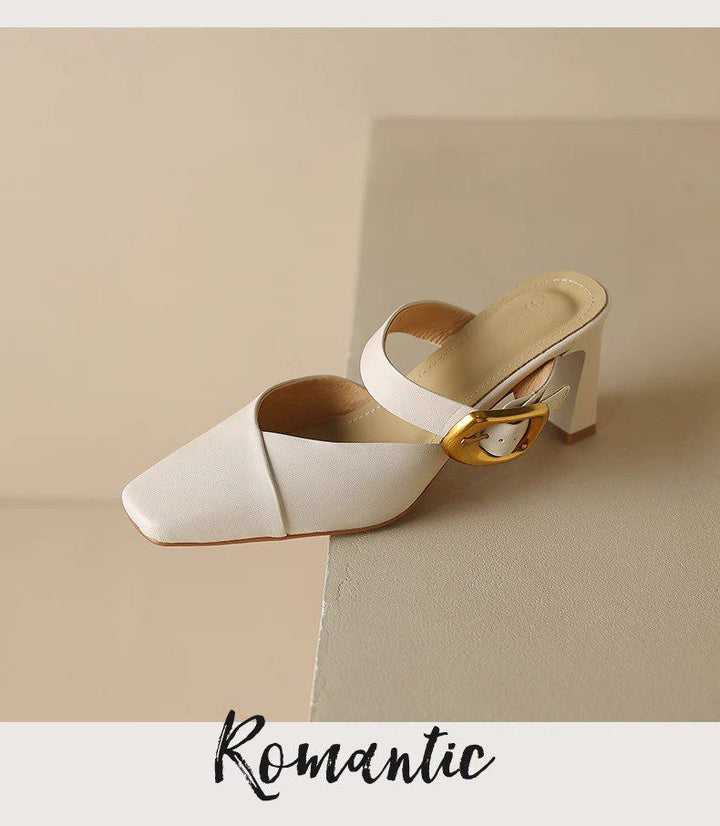 Summer New Women French Style Pointed Toe Mules, Fashion Outdoor Wear Versatile Block Heel Closed Toe Slide High Heels For Dresses