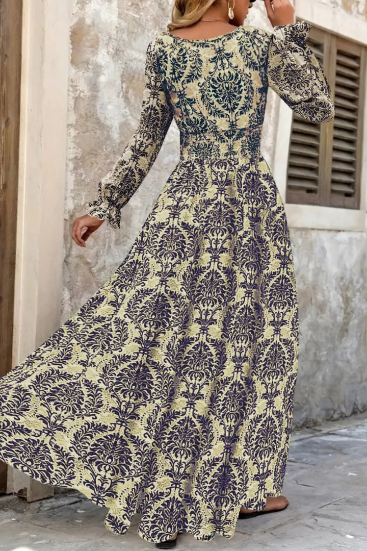Printed V-Neck Long Sleeve Maxi Dress