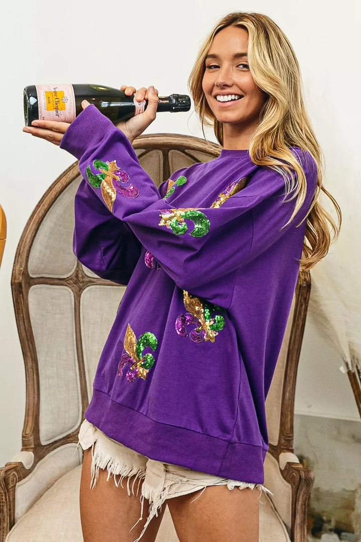 BiBi Fleur De Lis Sequin Patches Mardi Gras Sweatshirt