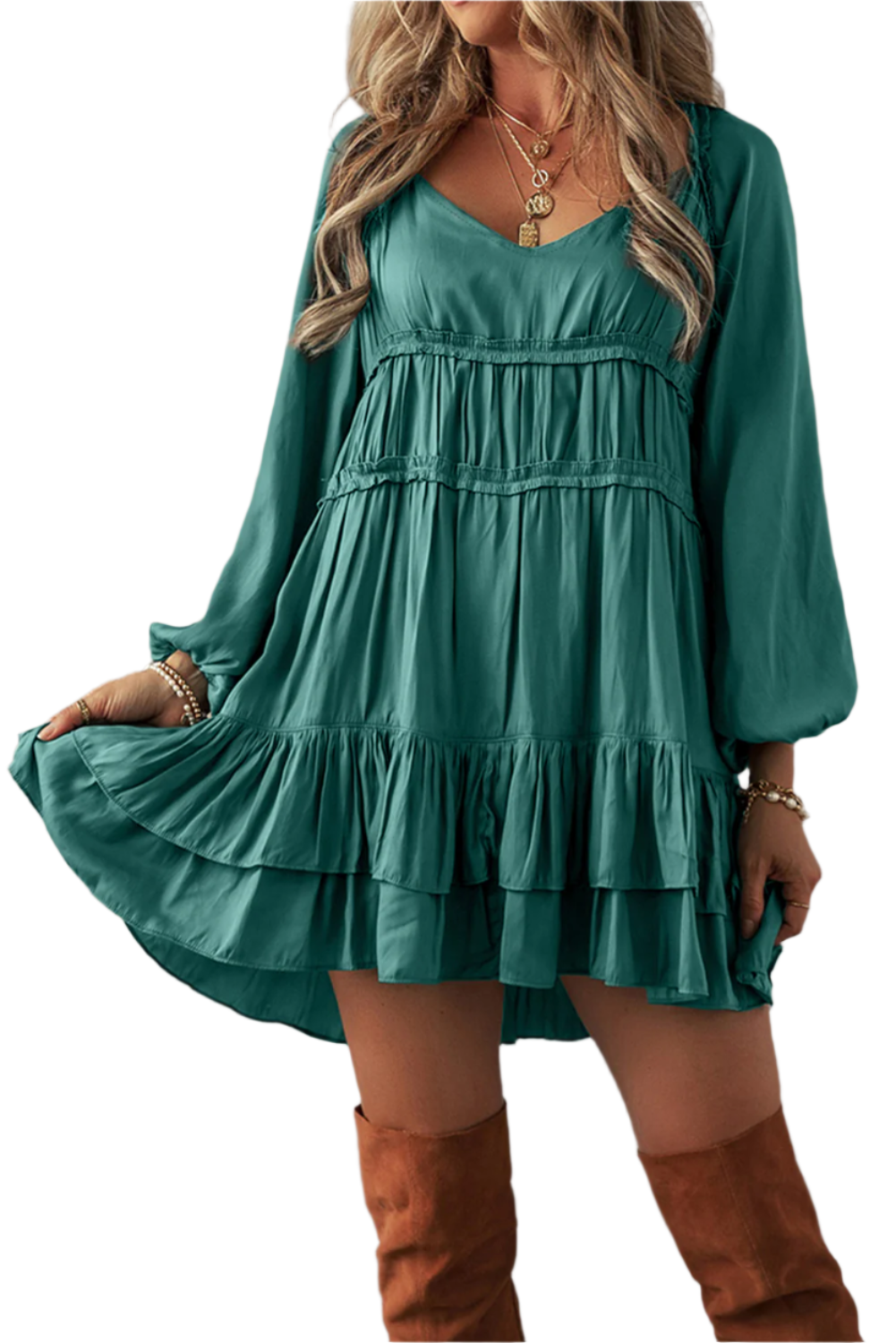 Robe courte ample à volants étagés et manches bouffantes vert brume