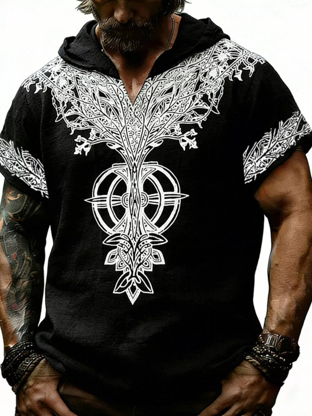 Men's Full Size Printed Hooded Short Sleeve Top Plus Size