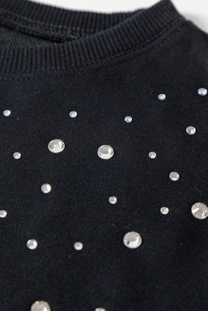 Black Rhinestone Embellished Drop Shoulder Ribbed Cuffs Wholesale Sweatshirt