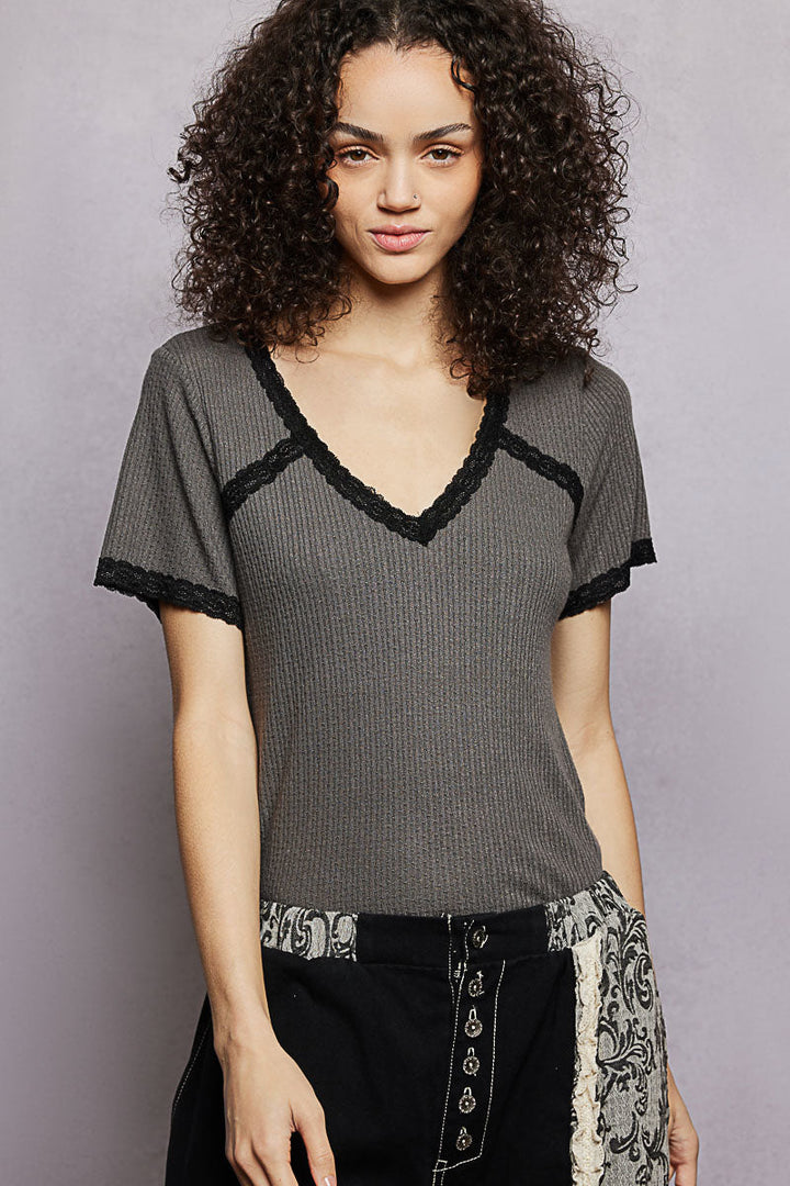 POL Lace Detail V-Neck Short Sleeve Textured T-Shirt