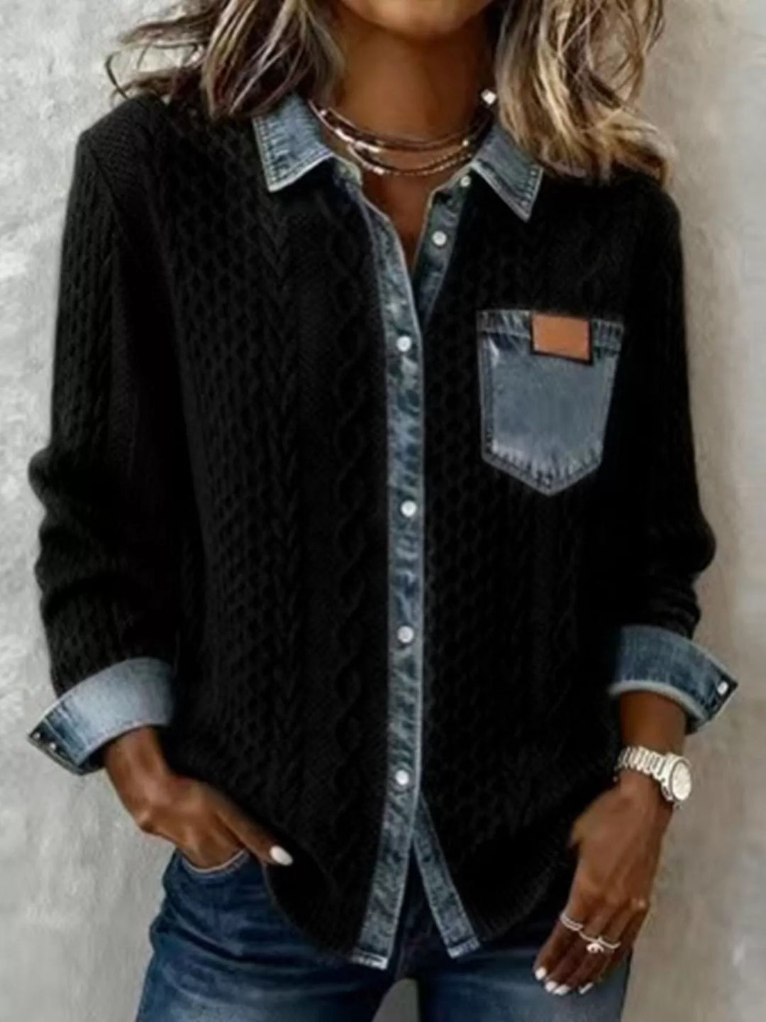 Denim Trim Cable Knit Cardigan