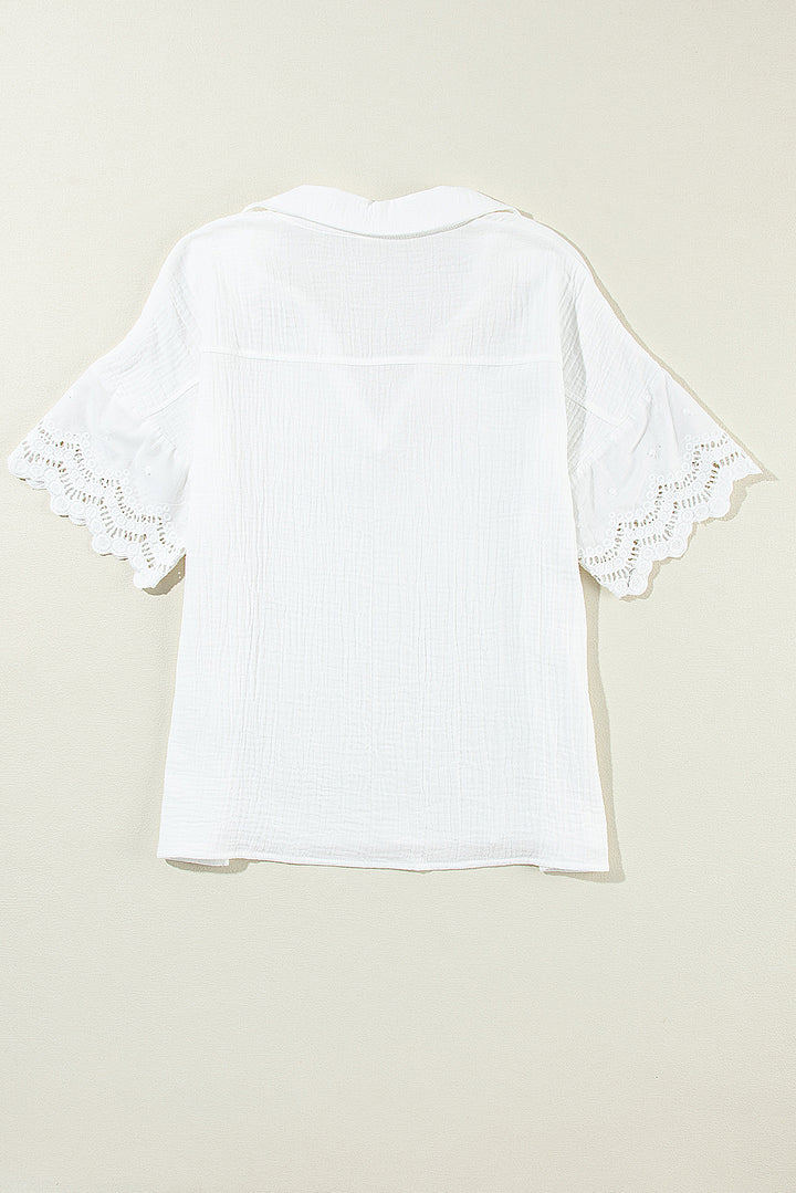 White Crinkled Lace Splicing Sleeve Collared V Neck Blouse