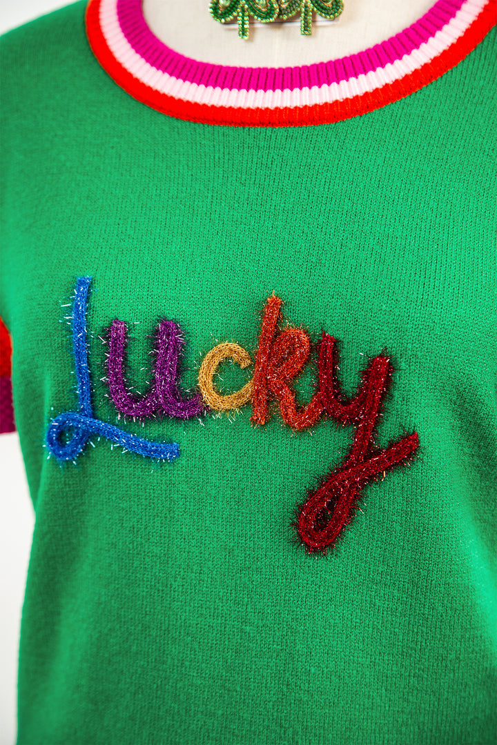 Bright Green Shiny Lucky Striped Flutter Sleeve Round Neck Sweater