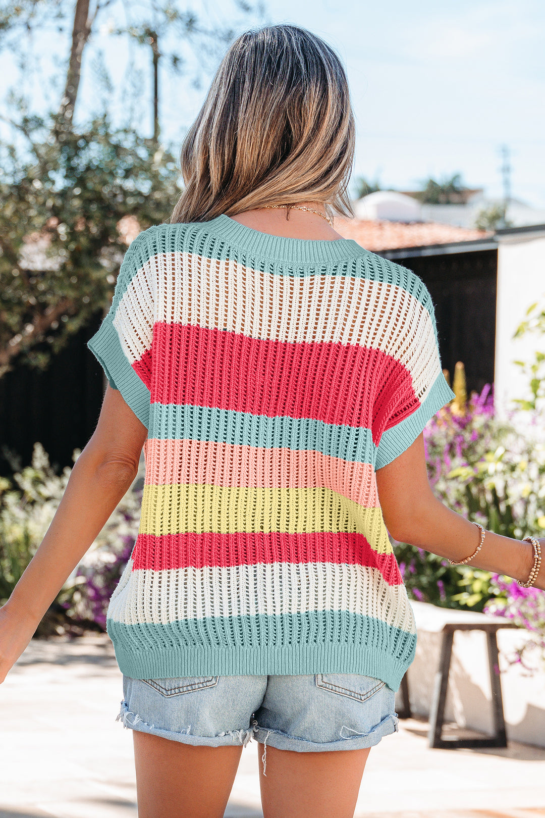 Green Stripe Color Block Hollow Out Knit Short Sleeve Sweater
