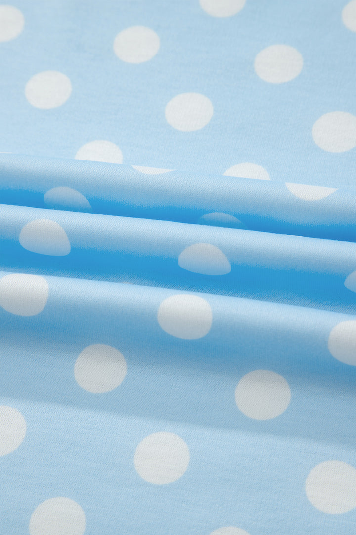 Sky Blue Polka Dot Print Color Block Trim Mock Neck Short Set