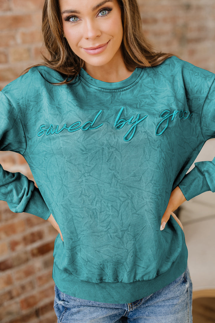 Sea Green saved by grace Letter Embroidery Mineral Wash Loose Sweatshirt