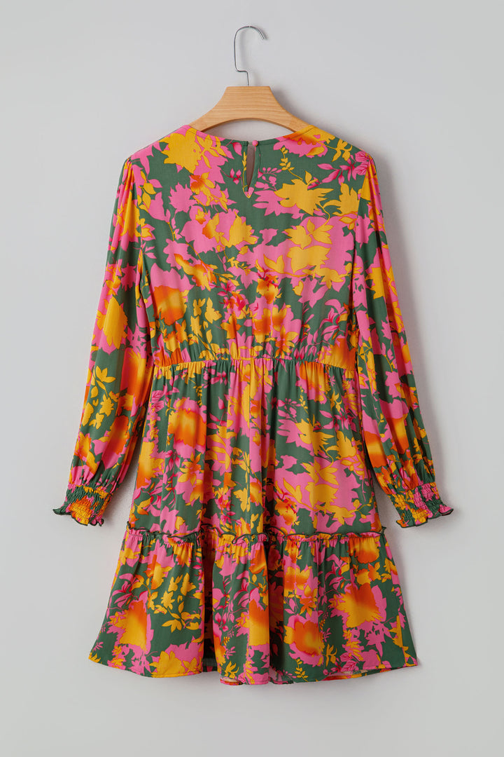 Multicolour Floral Print Long Sleeve Smocked Ruffled Mini Dress