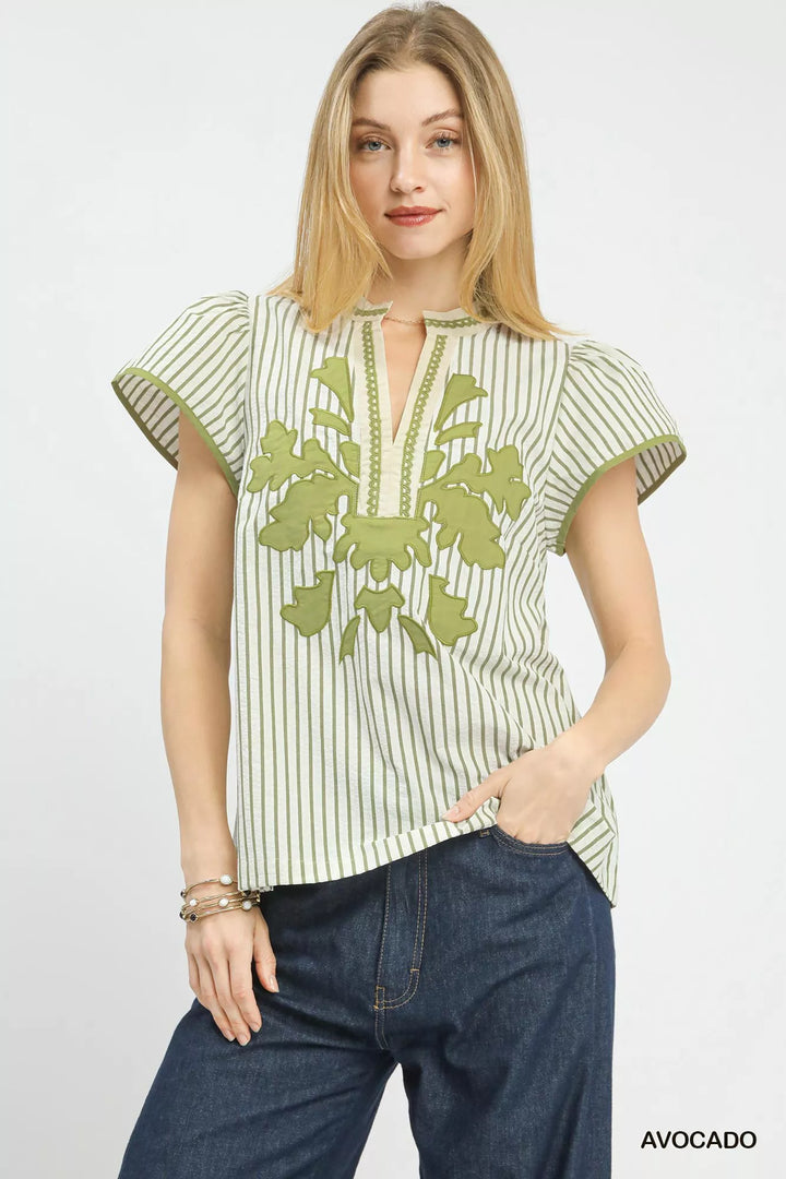 Umgee V-Neck Stripe Top with Lace Trim