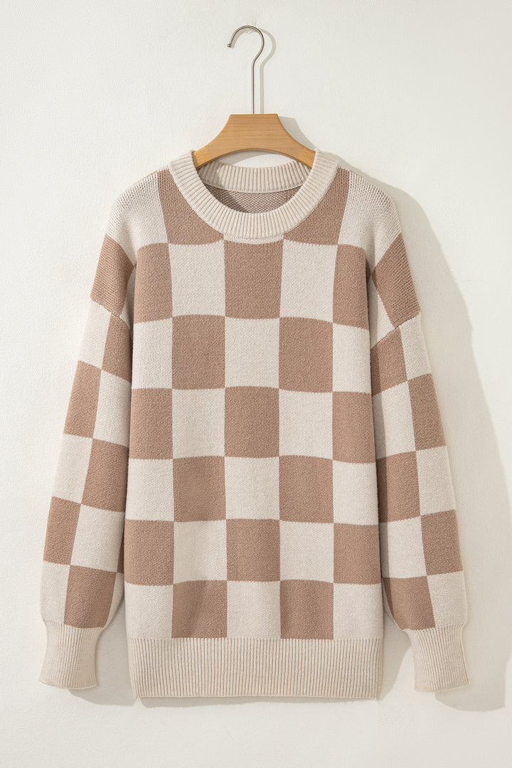 Parchment Checkered Pattern Ribbed Trim Knit Baggy Sweater