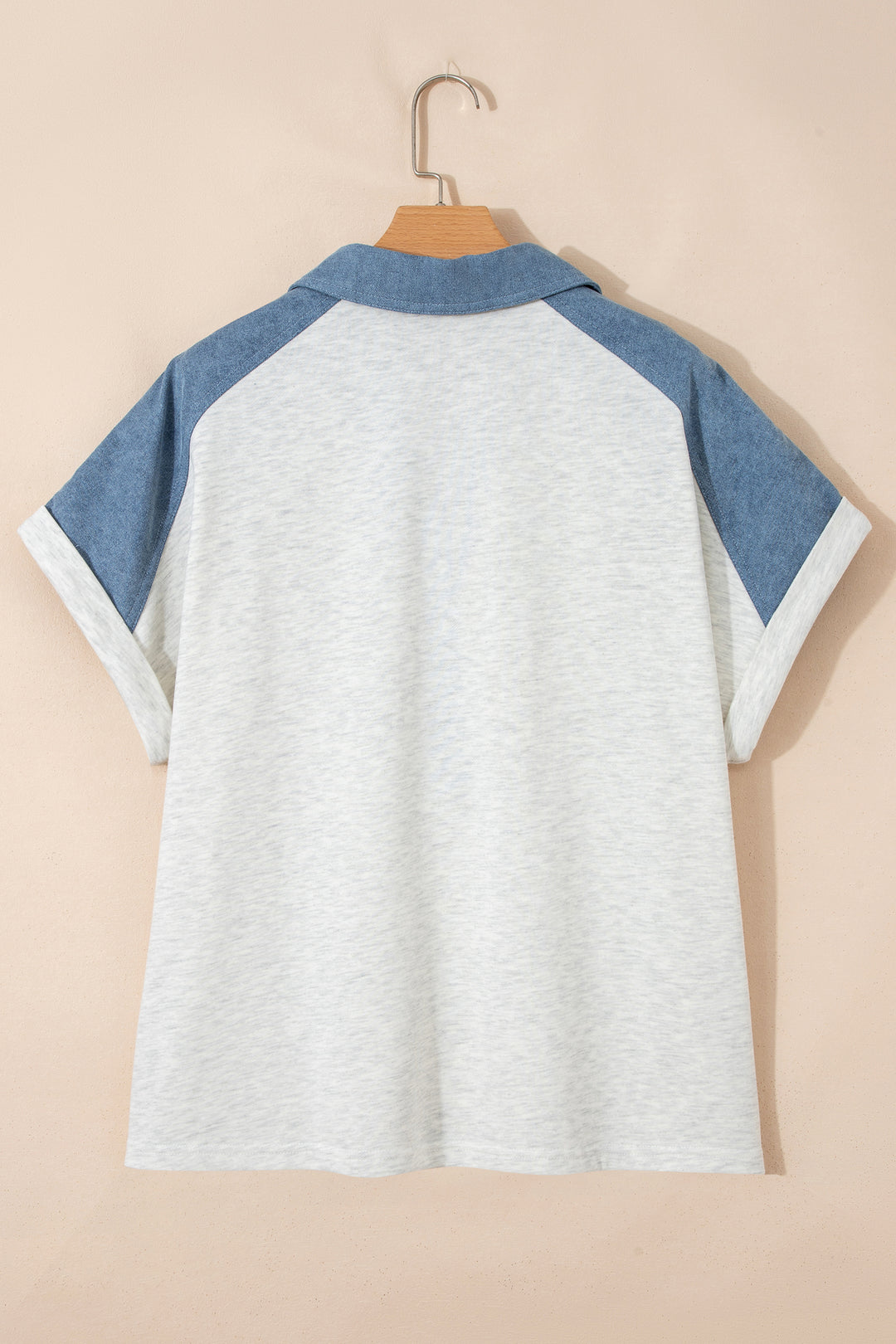 Beige Plus Size Contrast Denim Patchwork Cuffed Sleeve Polo Tee