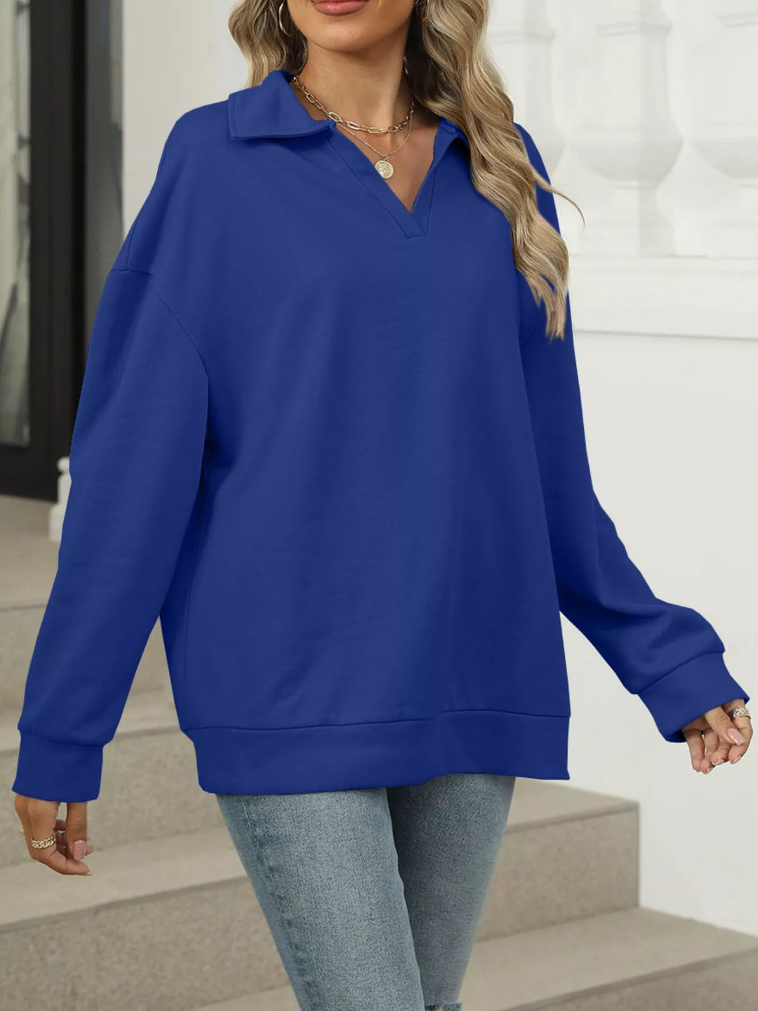 Johnny Collar Drop Shoulder Long Sleeve Sweatshirt