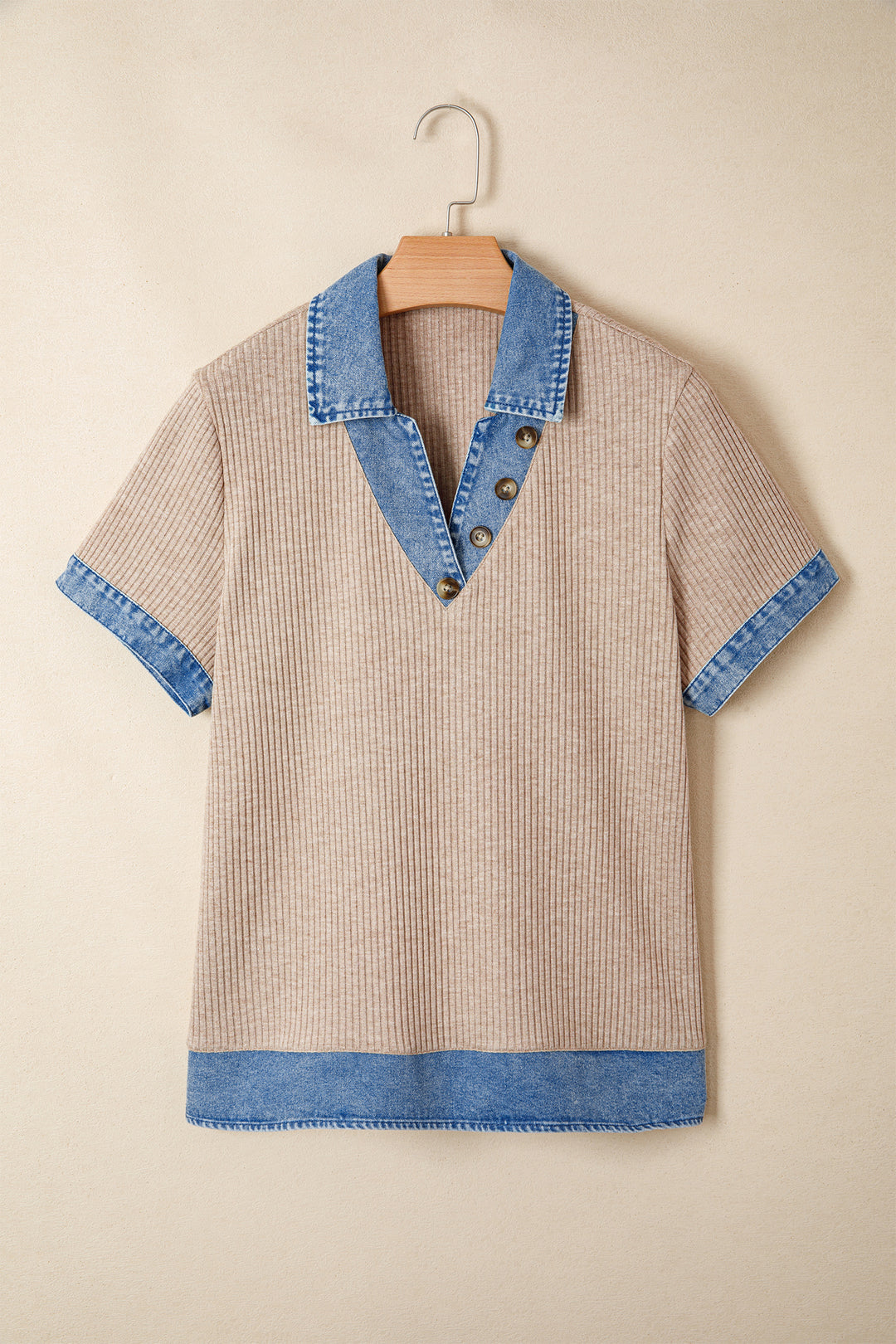 Beige Ribbed Knit Denim Color Block Patchwork Button Detail Collared Blouse