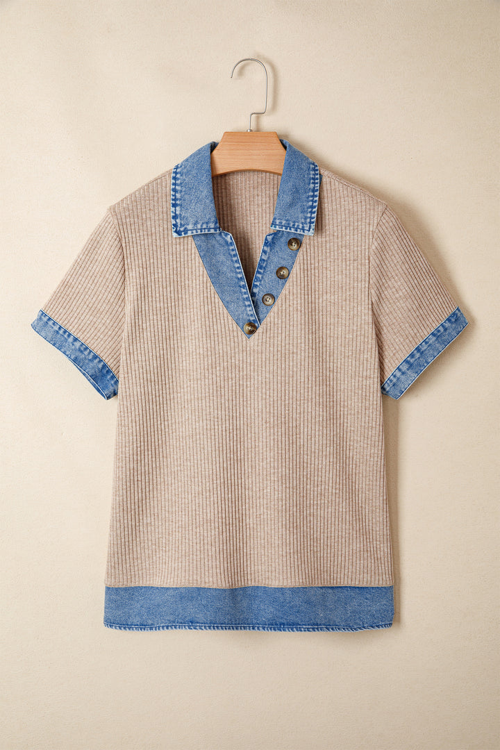Beige Ribbed Knit Denim Color Block Patchwork Button Detail Collared Blouse