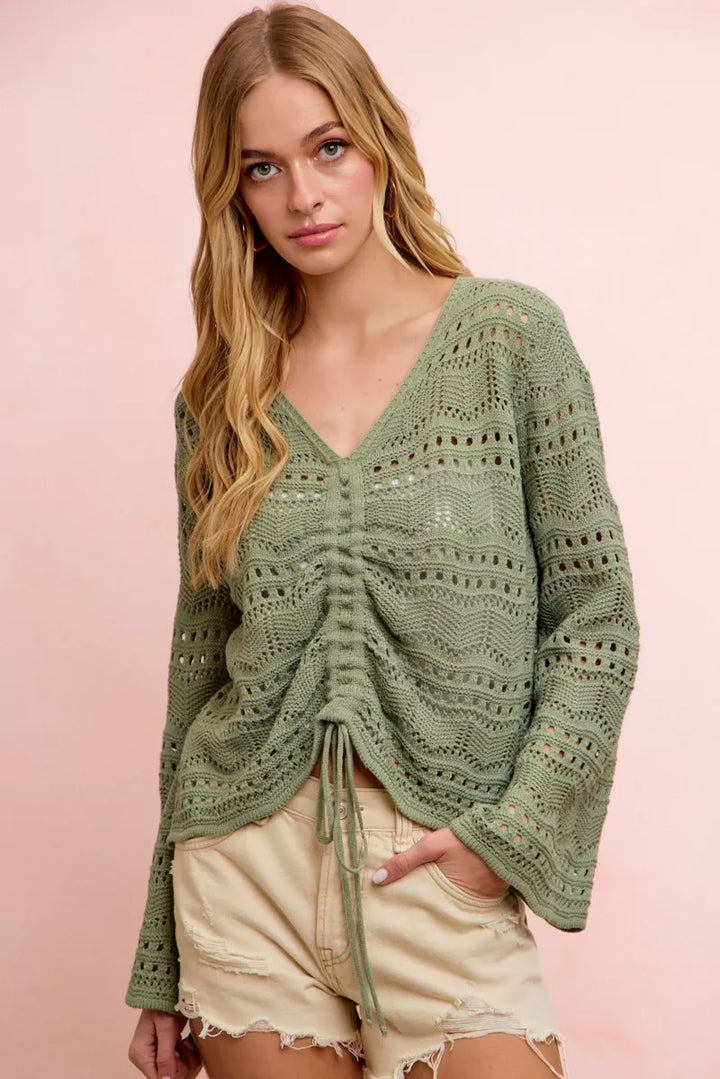 BiBi Pointelle Knit V Neck Ruched Front Lightweight Top