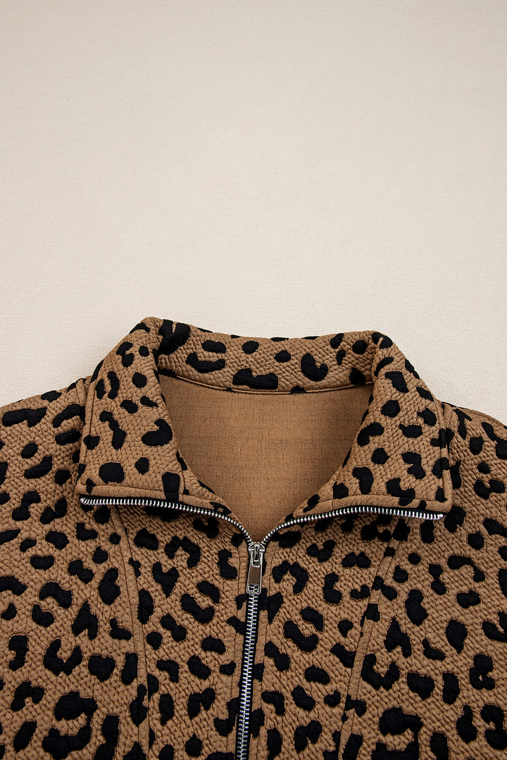 Brown Leopard Print Quarter Zip Sweatshirt