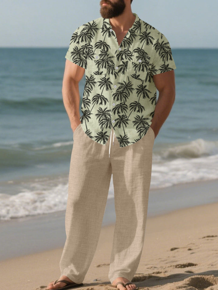 Men's Full Size Tropical Palm Print Button Up Shirt and Pants Set Plus Size