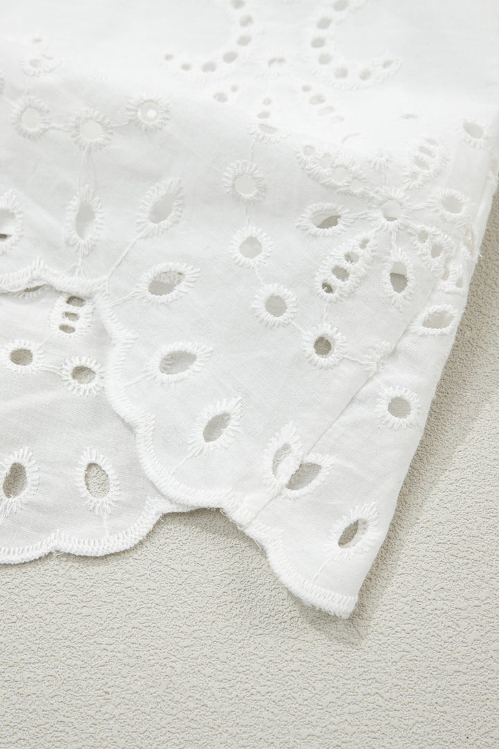 White Solid Color Eyelet Embroidered T Shirt Mini Dress