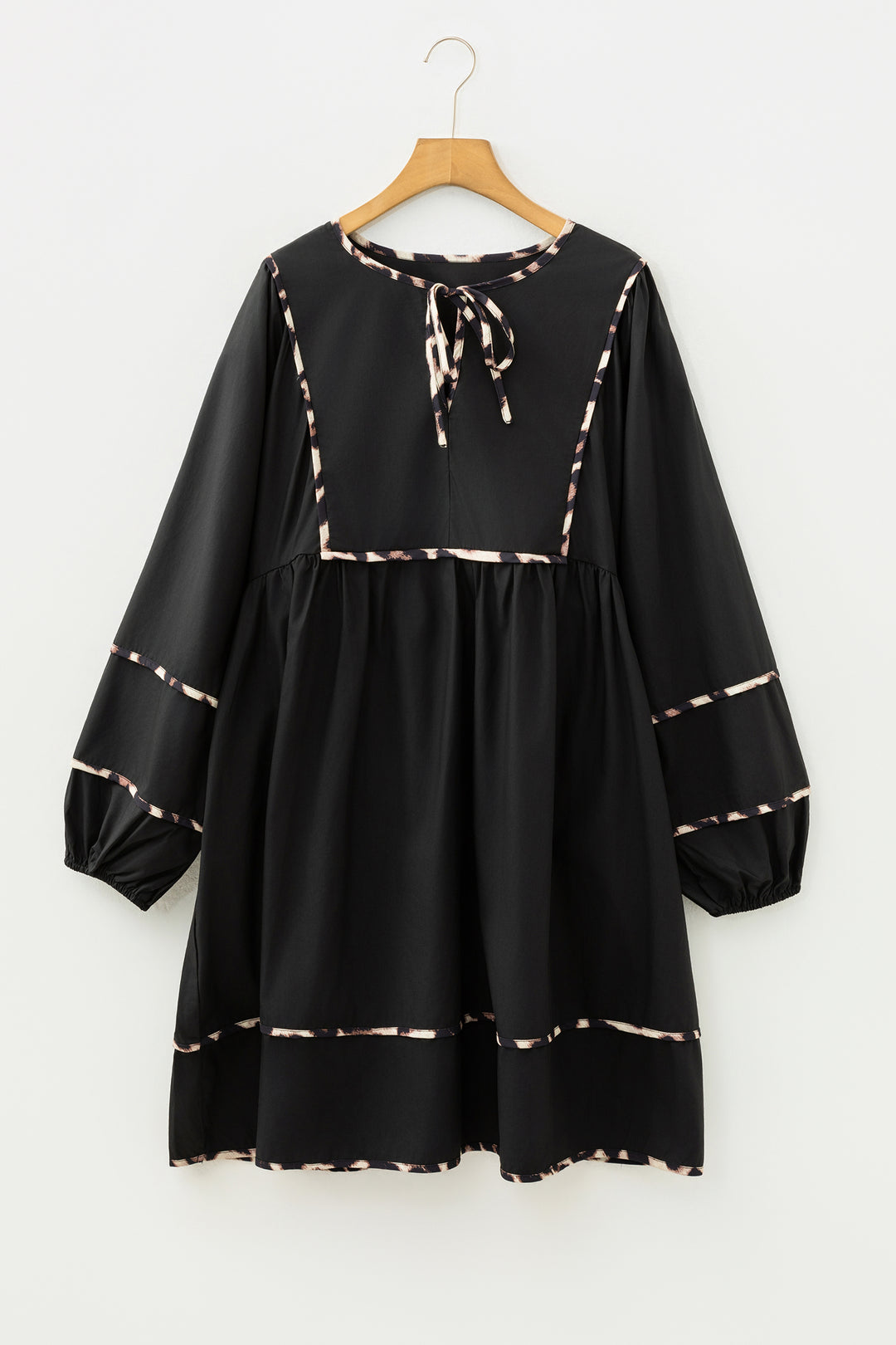 Black Plus Size Long Sleeve Leopard Contrasted Trim Tie Neck Flared Mini Dress