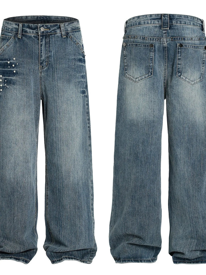 Men's Vintage Wide Leg Pearl Detail Jeans