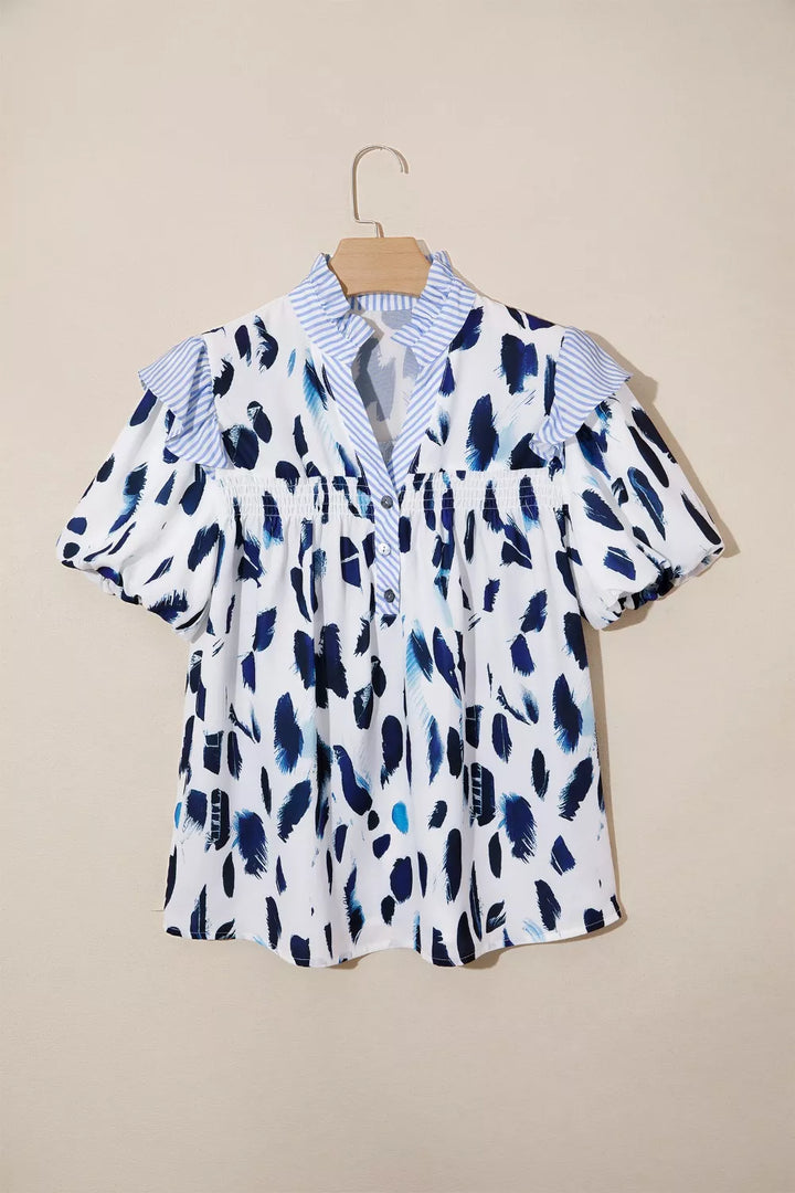 Abstract Animal Print Striped Ruffle Trim V Neck Blouse
