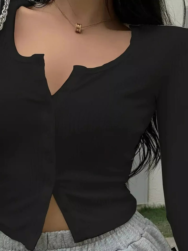 Ribbed Button-Down Long Sleeve T-Shirt