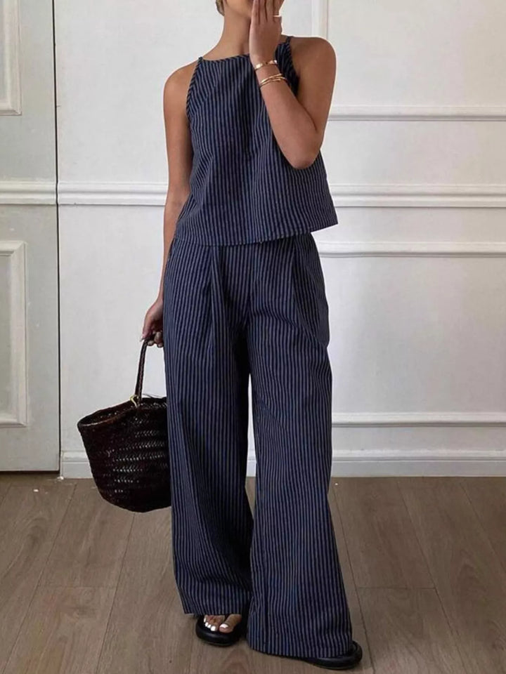 Striped Sleeveless Top and Wide-Leg Pants Set