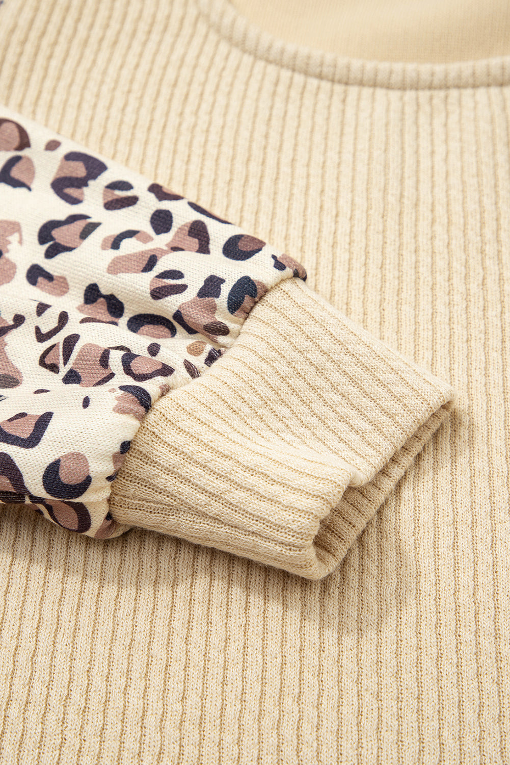 Apricot Leopard Sleeve Patchwork Ribbed Knit U Neck Top