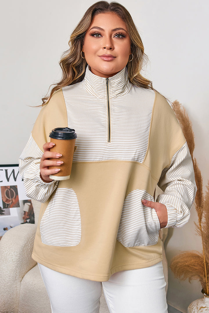 Khaki Stripe Mix Half Zip French Terry Plus Size Sweatshirt