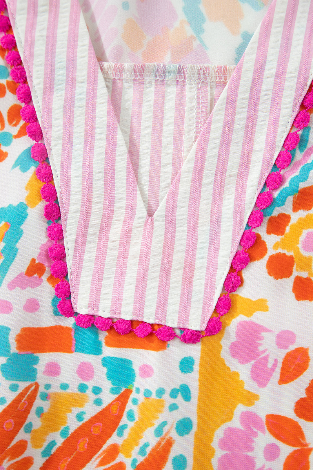 Rose Plus Size Geometric Print Contrast Trim Striped V Neck Blouse