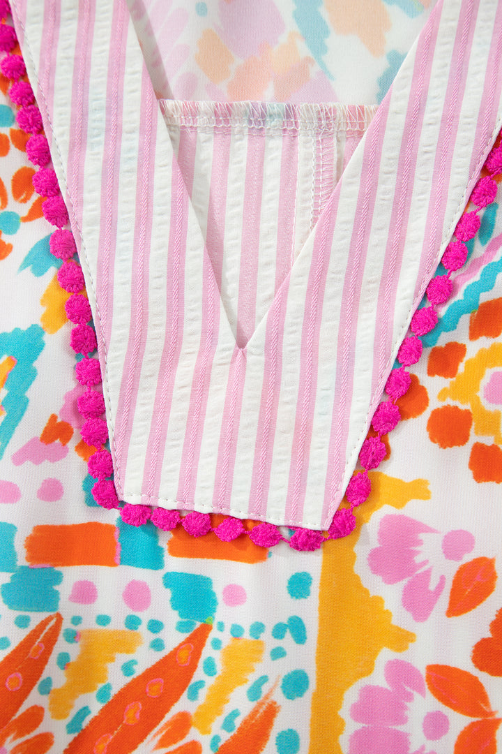 Rose Plus Size Geometric Print Contrast Trim Striped V Neck Blouse