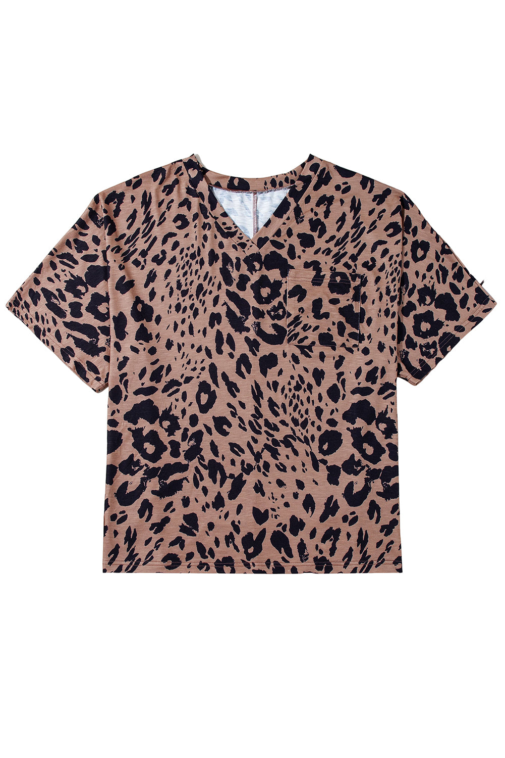 T-shirt surdimensionné marron à col en V et manches mi-longues à imprimé léopard