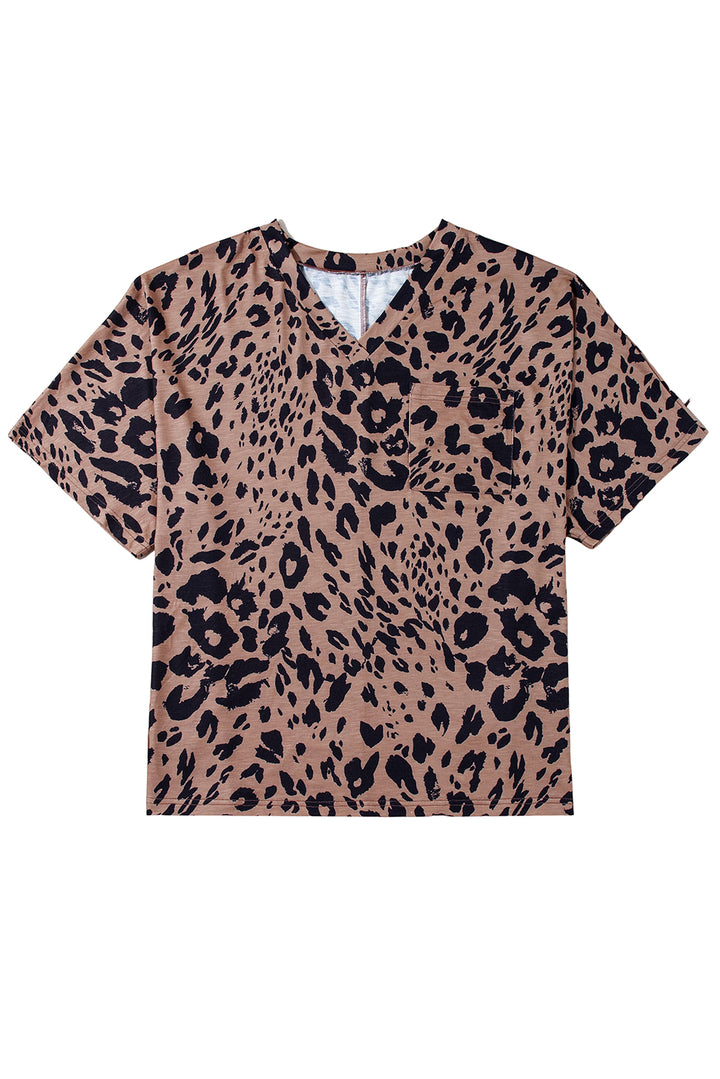 T-shirt surdimensionné marron à col en V et manches mi-longues à imprimé léopard