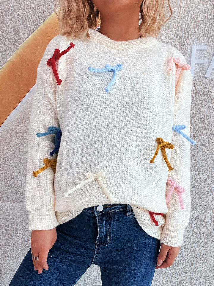 Colorful Bow Round Neck Sweater