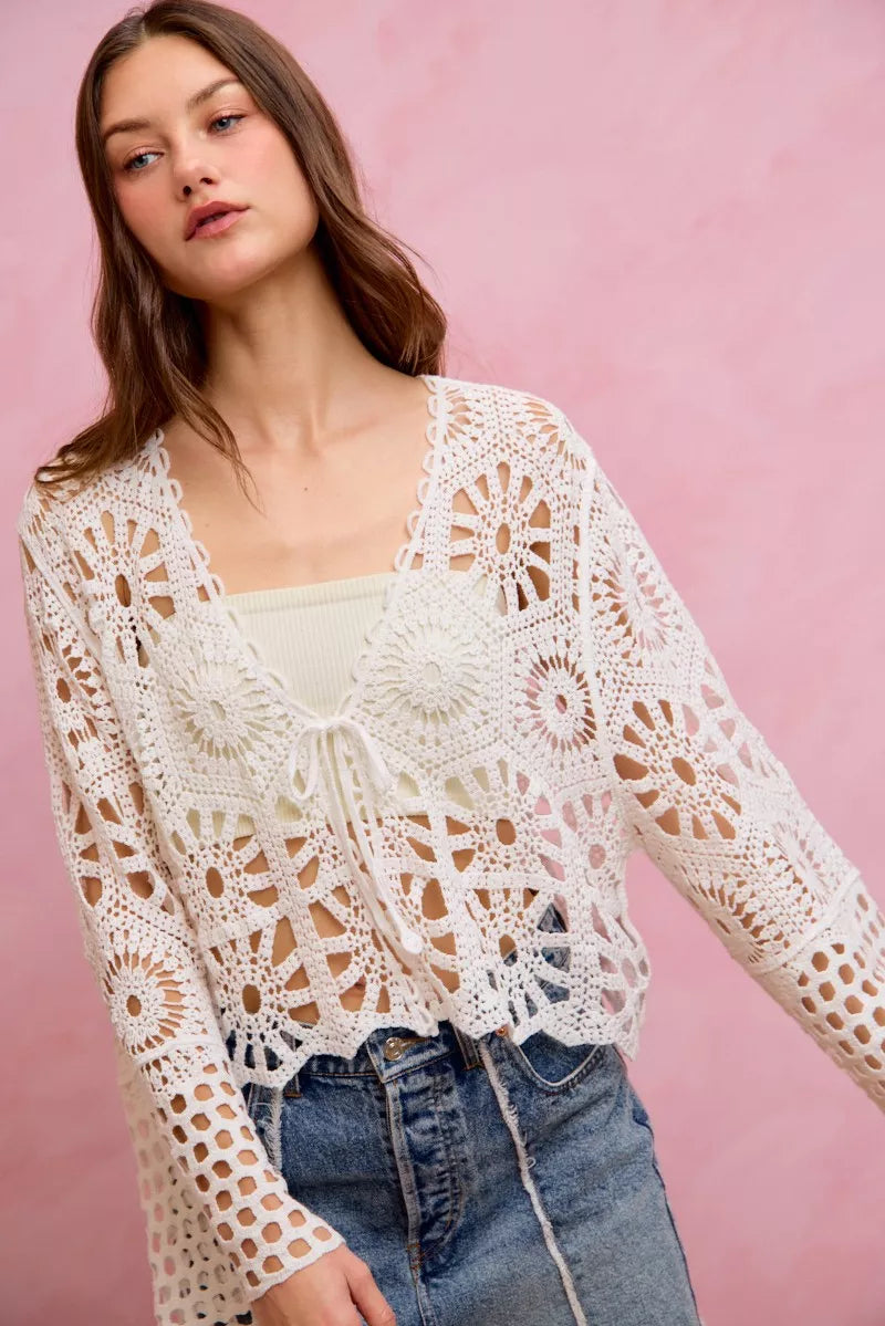 SO ME Floral Pattern Crochet Knit Tie Front Crop Cardigan