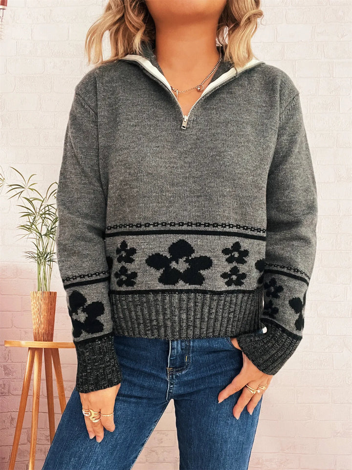 Flower Zip Collar Long Sleeve Sweater
