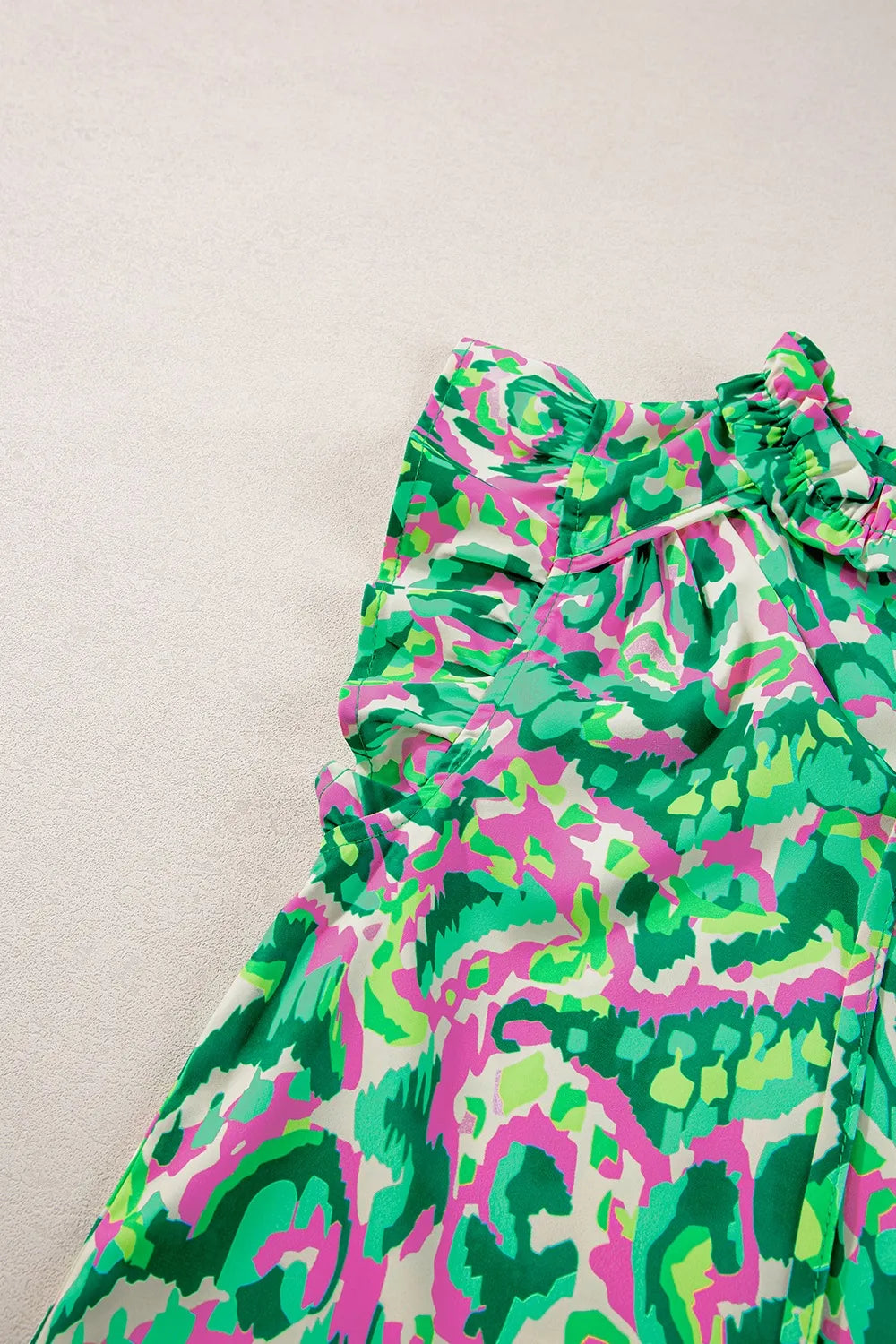 Abstract Print Ruffled Trim Tie Neck Top