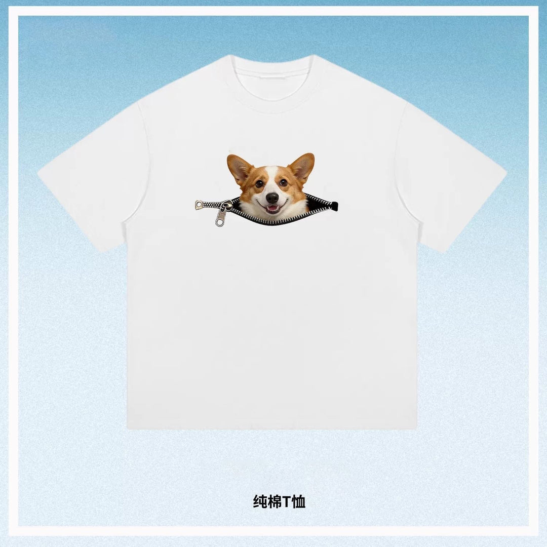 Plus-size Cotton Zip-up Dog-print Casual Summer Couple T-shirts