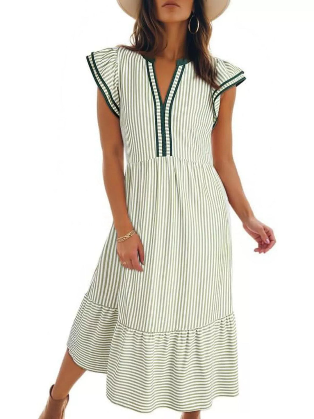 Striped Ruffle Sleeve Midi Dress