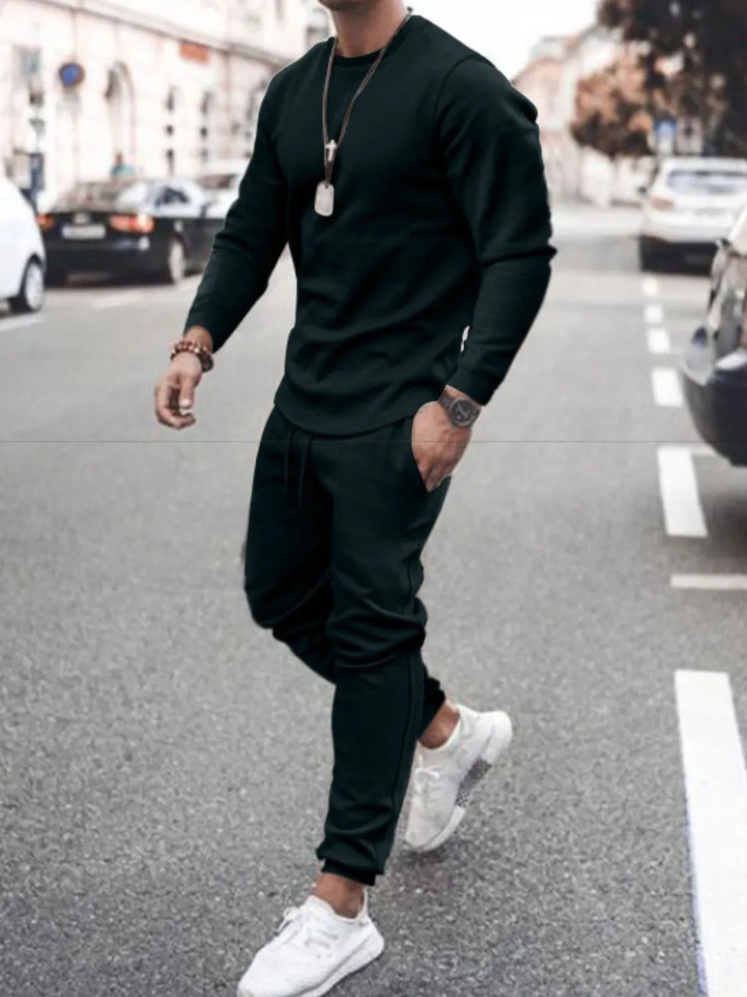 Men's Full Size Round Neck Long Sleeve Top and Pants Set Plus Size